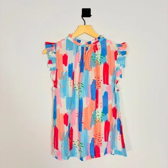 THML‎ Abstract Brushstroke Ruffle Collar Top Women's Medium Multi Color - Picture 4 of 6